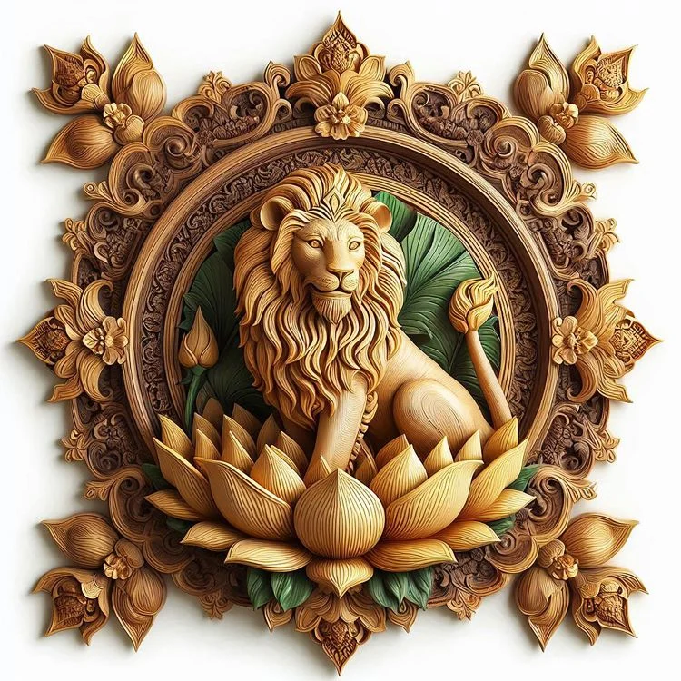 Golden Lotus Lion Wall Art (20” × 20”)