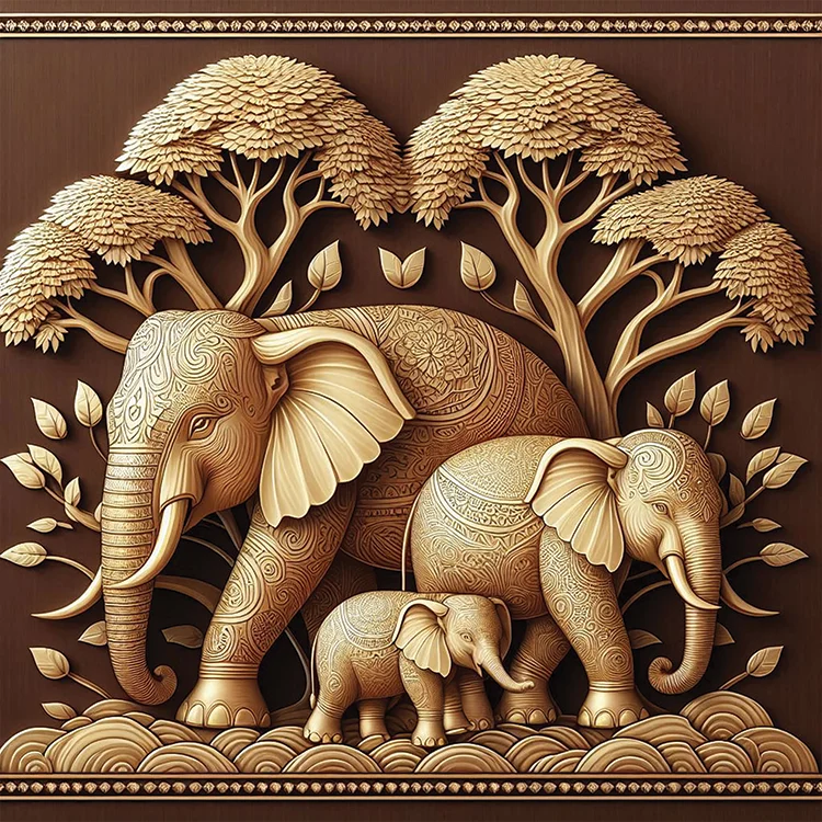 Golden Harmony Elephants Wall Art (20” × 20”)