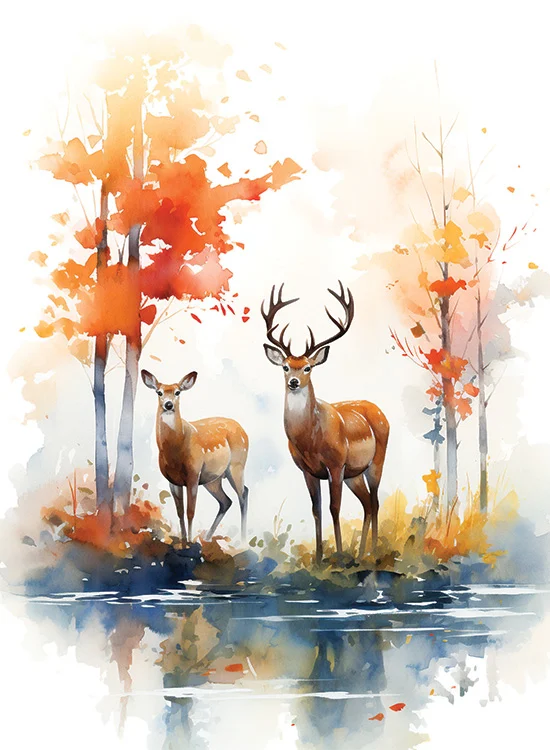 Watercolor Forest & Deer Wall Art (36" x 20"/45" x 30")