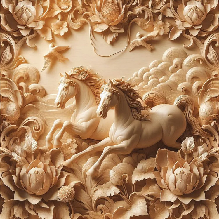 Galloping Horses Wood Carving Wall Art (20" x 20"/45" x 45")